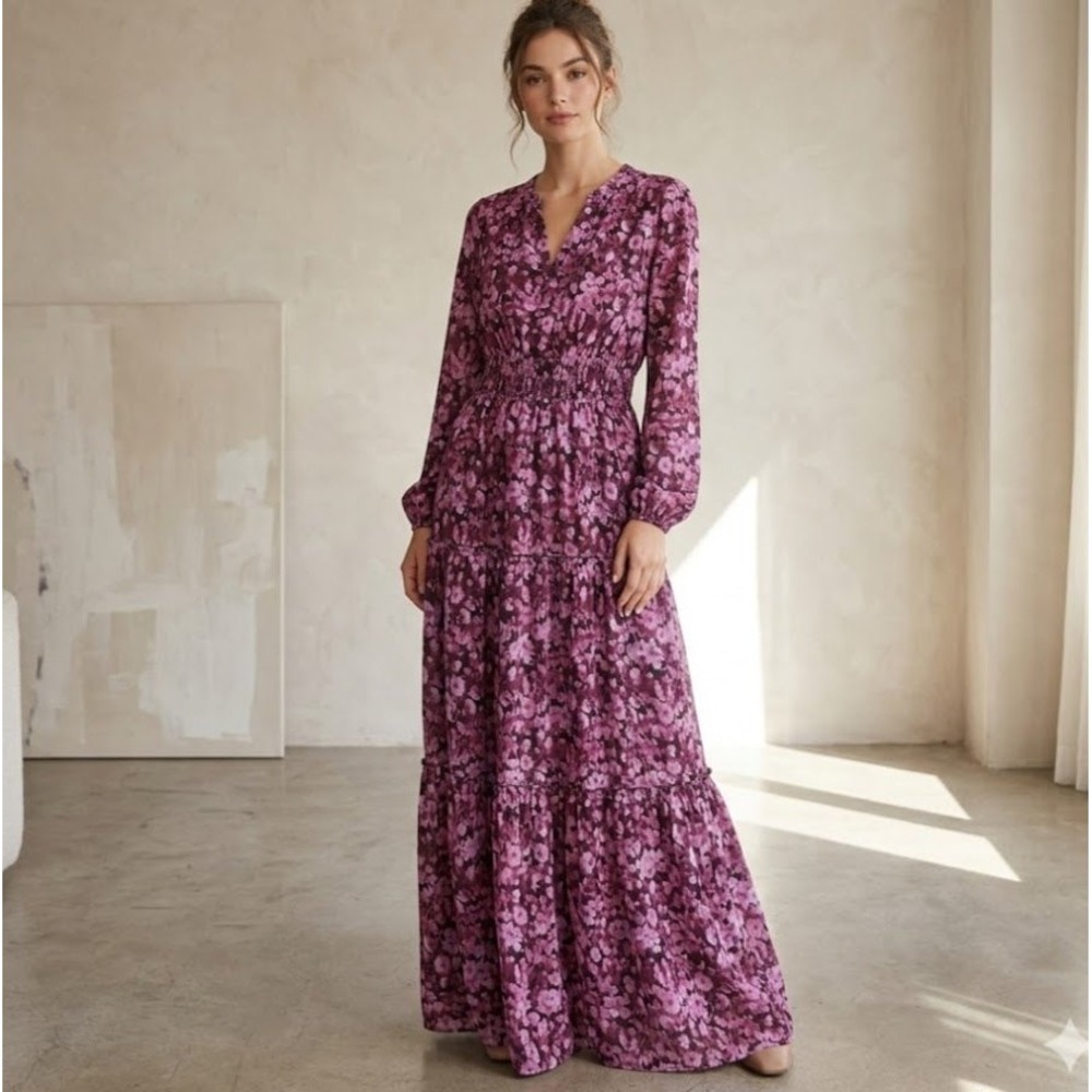Grace Karin Dress Womens Small OS Purple Floralβ Smocked Waist Tiered Boho Maxi